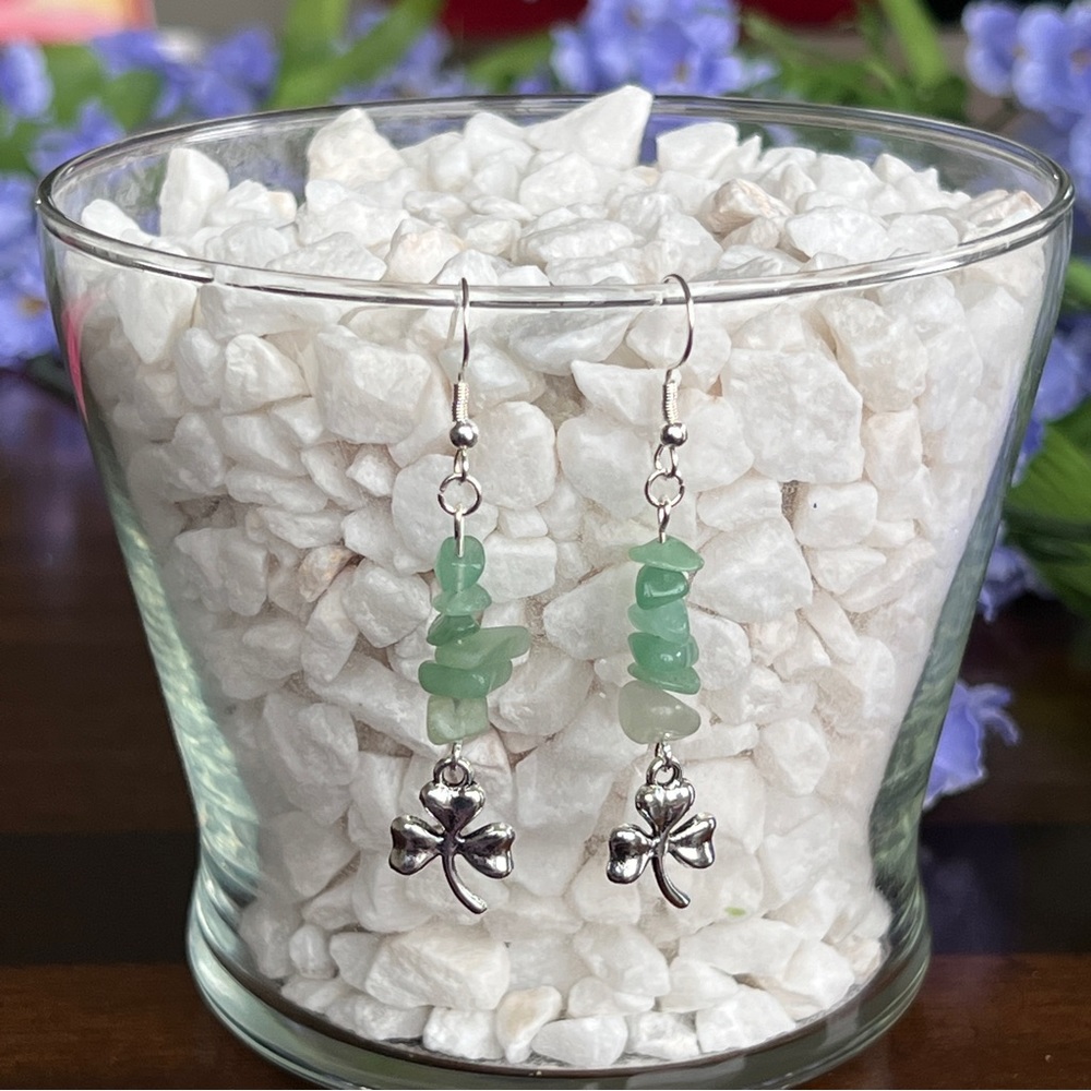 Light Green Stone Chip Clover Womens Earrings Handmade